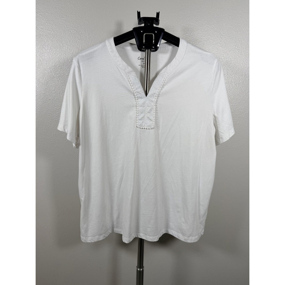 Coral Bay Shirt Top Womens 2X White Cotton Split Neck Embroidered Pom Pom Trim